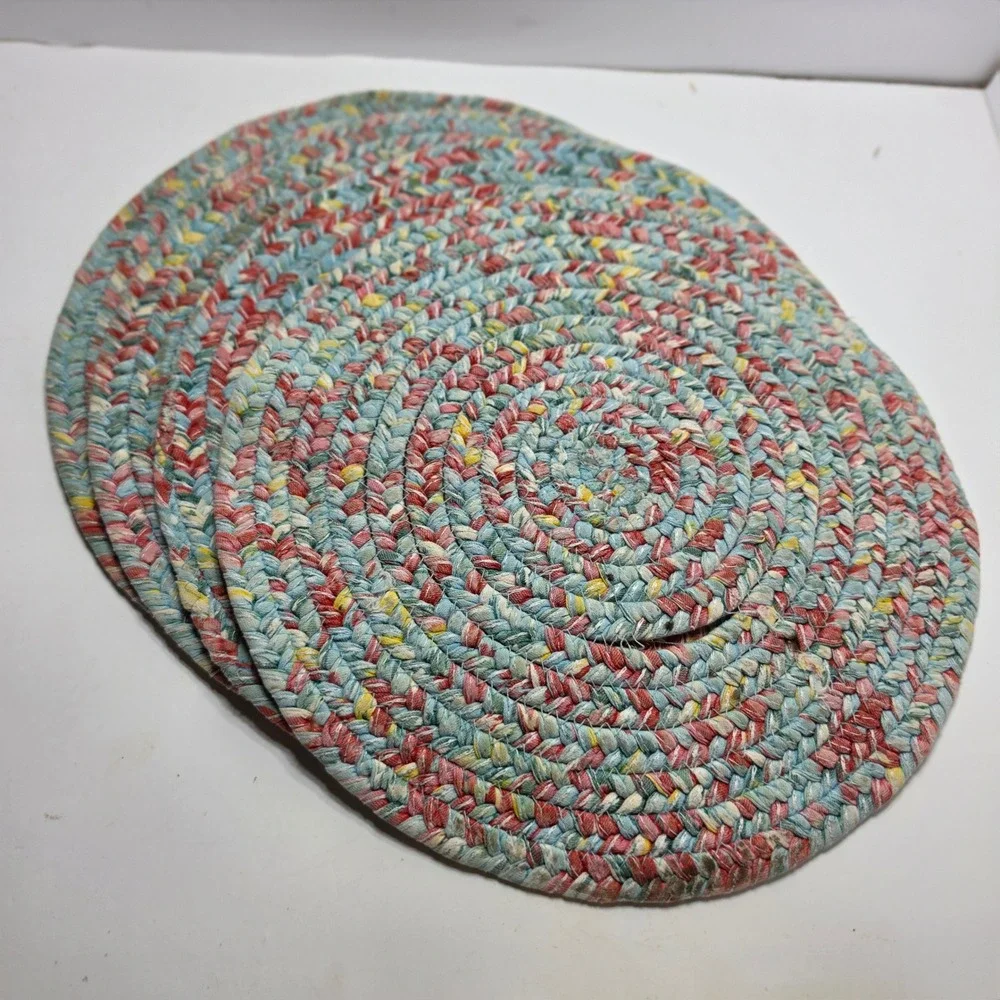 Set of 4 Braided Round Placemats Multi-Color Blue Red Yellow 15 Inch Farmhouse